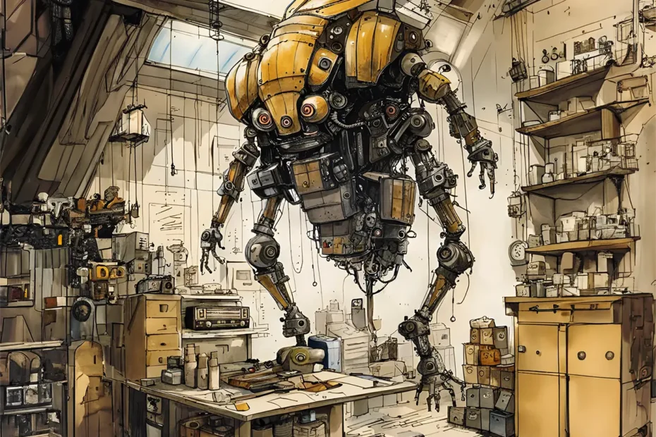 Ilustración de robot mecánico en taller futurista, inspirada en Ciberiada Universal de Stanislaw Lem, utilizada en artículo de sátira política y cultural en Costa Rica de MAP RADIO.