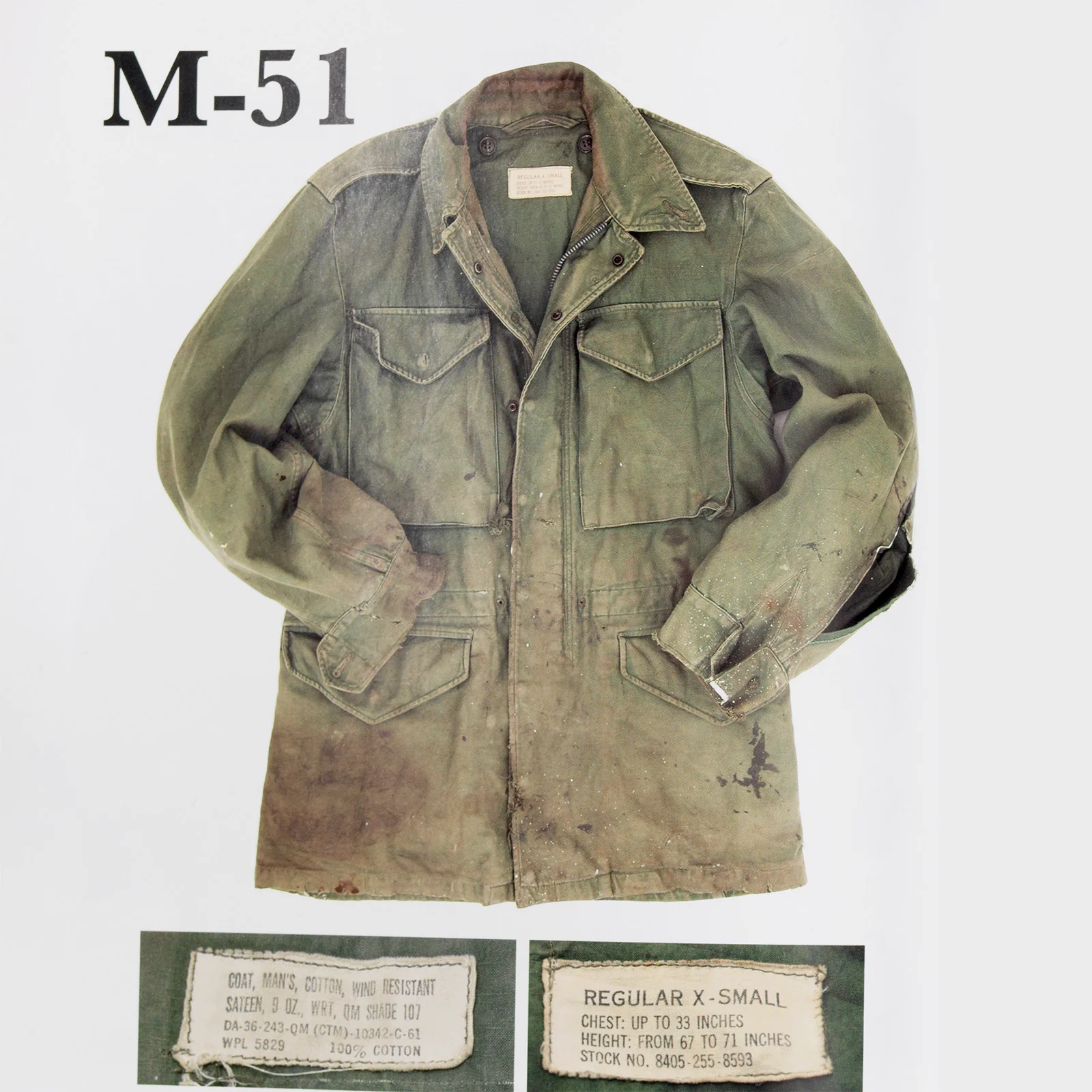 Chaqueta militar M-51 color verde oliva exhibida sobre fondo blanco.
