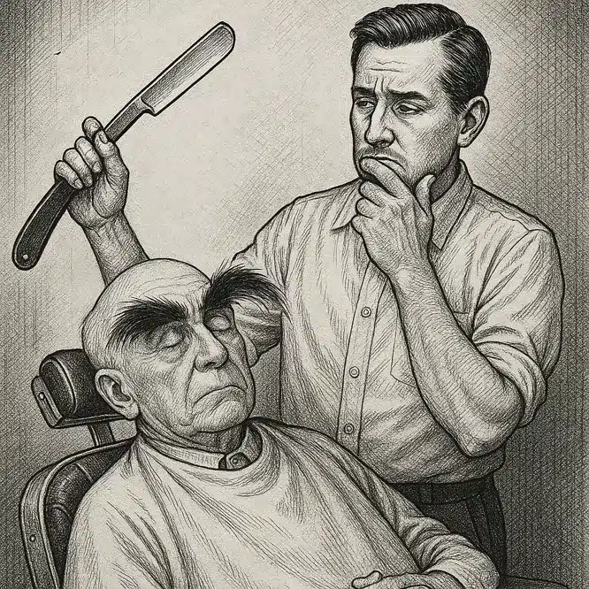 Anciano con cejas enormes en una barbería, mientras el barbero lo observa dudando con una navaja en alto.