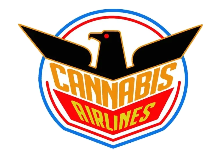 Logo estilizado de Cannabis Airlines con águila negra y letras rojas y doradas