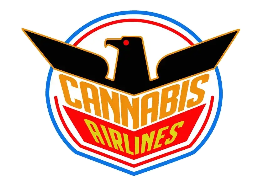 Logo estilizado de Cannabis Airlines con águila negra y letras rojas y doradas