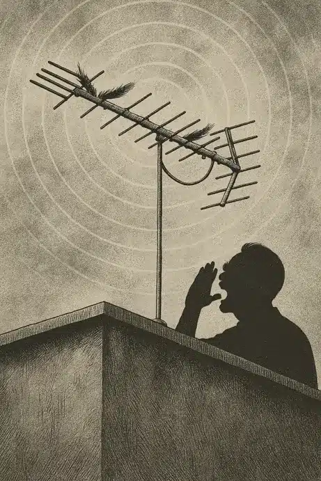Silueta de hombre gritando junto a antena remendada en la azotea.