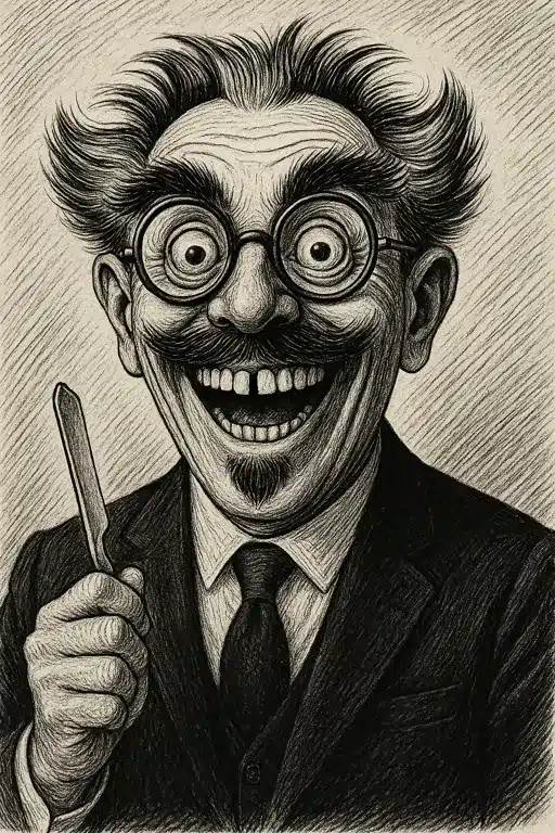 Hombre sonriente con dientes separados y mirada inquietante.