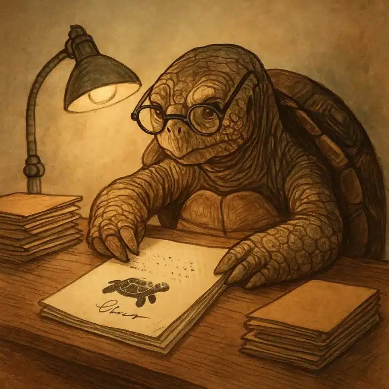 Tortuga intelectual revisando documentos bajo una lámpara.