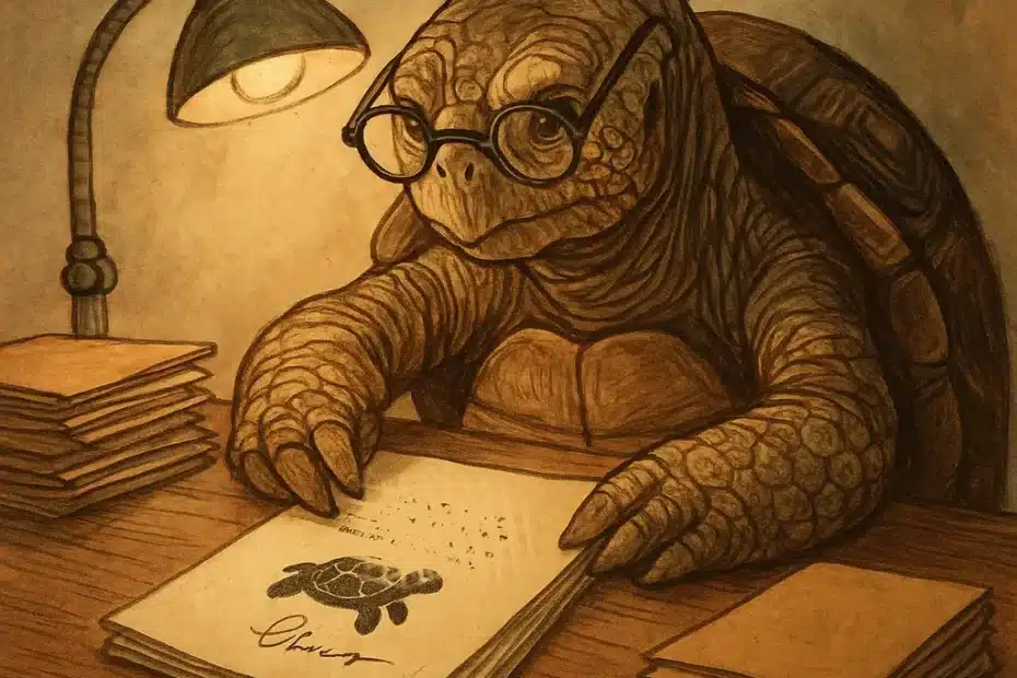 Tortuga intelectual revisando documentos bajo una lámpara.