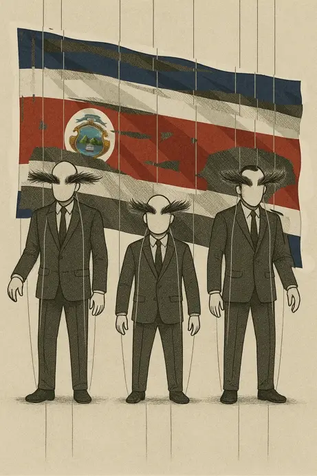 Títeres políticos con trajes frente a la bandera de Costa Rica.
