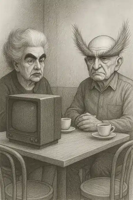Pareja anciana frente a un televisor antiguo en un café.