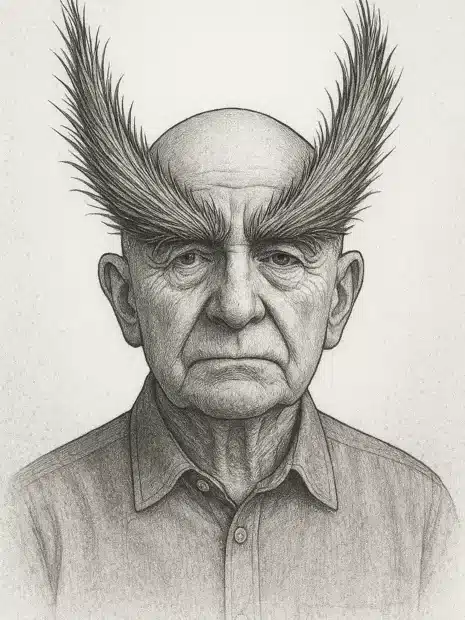 Hombre anciano con cejas exageradamente largas mirando serio a cámara.