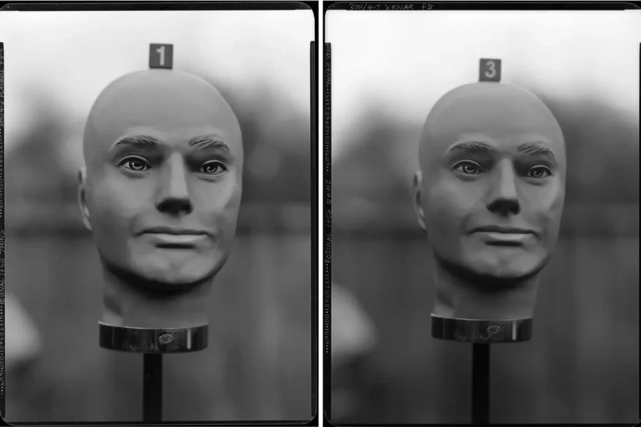 Cabezas de maniquí numeradas en blanco y negro, utilizadas como metáfora visual sobre identidad, repetición y pensamiento crítico