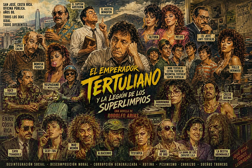 Ilustración tipo póster de los años 80 con los personajes de El Emperador Tertuliano y la legión de los superlimpios