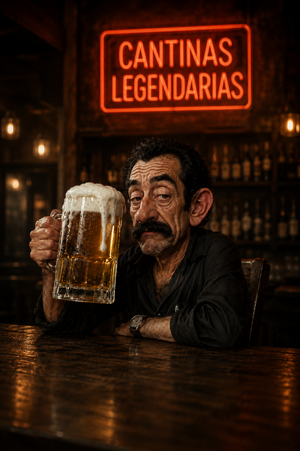 Hombre mayor con bigote levantando un tarro de cerveza espumada en una cantina en penumbra, bajo un rótulo de neón rojo que dice Cantinas Legendarias