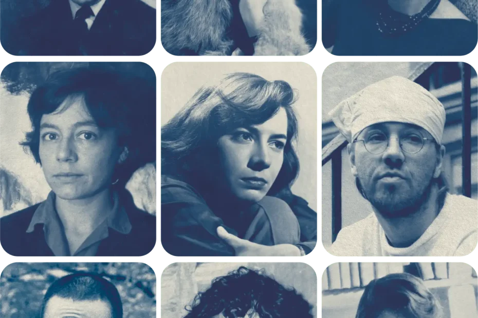 Mosaico de retratos en tono azulado de los escritores retratados en el podcast Grandes Infelices.