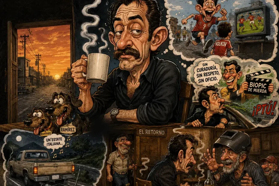 Ilustración compuesta en varios paneles: en el centro, un hombre de bigote sostiene una taza de café parado en el marco de una puerta, con dos perros —Rodríguez y Ramírez— asomados a sus pies y una calle al atardecer de fondo; en globos de pensamiento aparecen un niño celebrando un gol frente a un televisor con la palabra "VOLKOV" en la camiseta, una escena de indignación dentro de un carro con el texto "BIOPIC DE MIERDA", un pickup de noche con una grabadora y casetes sonando "Un'estate italiana", y una cantina llamada "El Retorno" con dos hombres conversando.